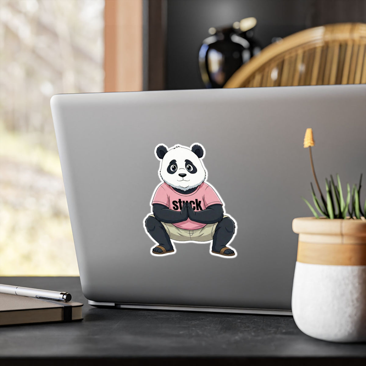 Stuck Panda Vinyl Sticker – Waterproof Zen Yoga Decal for Laptops & Water Bottles