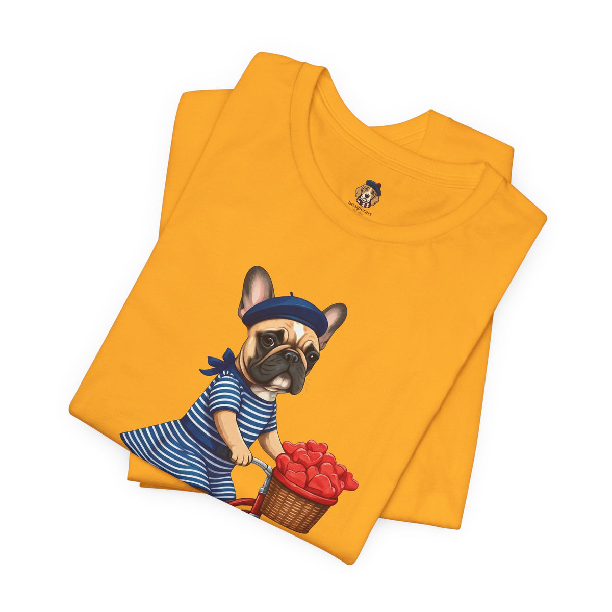 Frenchie à Vélo T-Shirt — French Bulldog on Bicycle with Heart Roses Tee