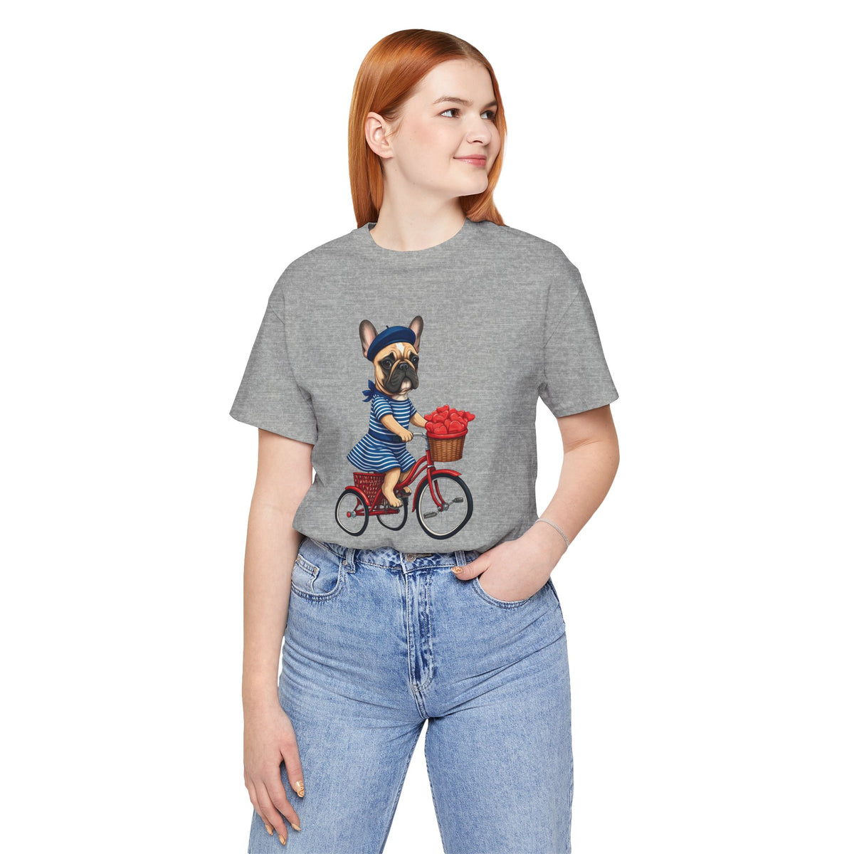 Frenchie à Vélo T-Shirt — French Bulldog on Bicycle with Heart Roses Tee