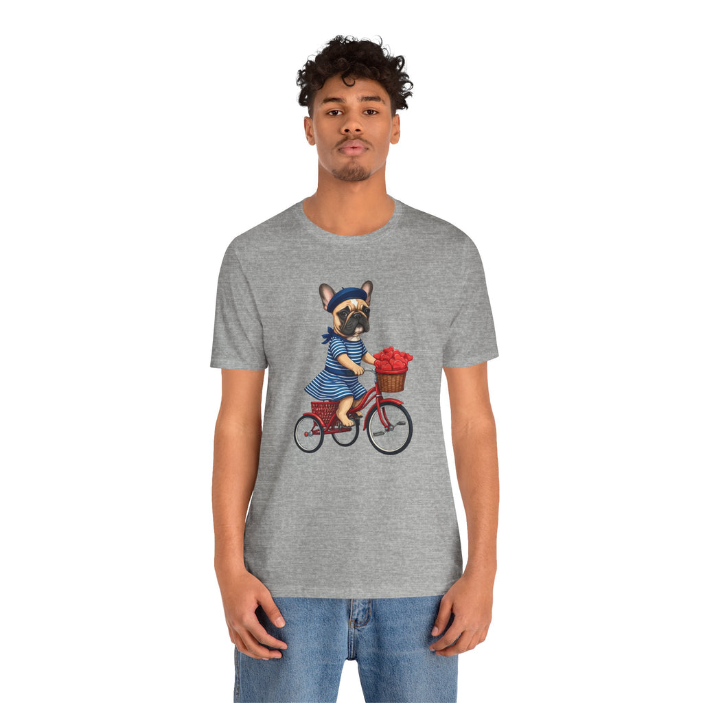 Frenchie à Vélo T-Shirt — French Bulldog on Bicycle with Heart Roses Tee