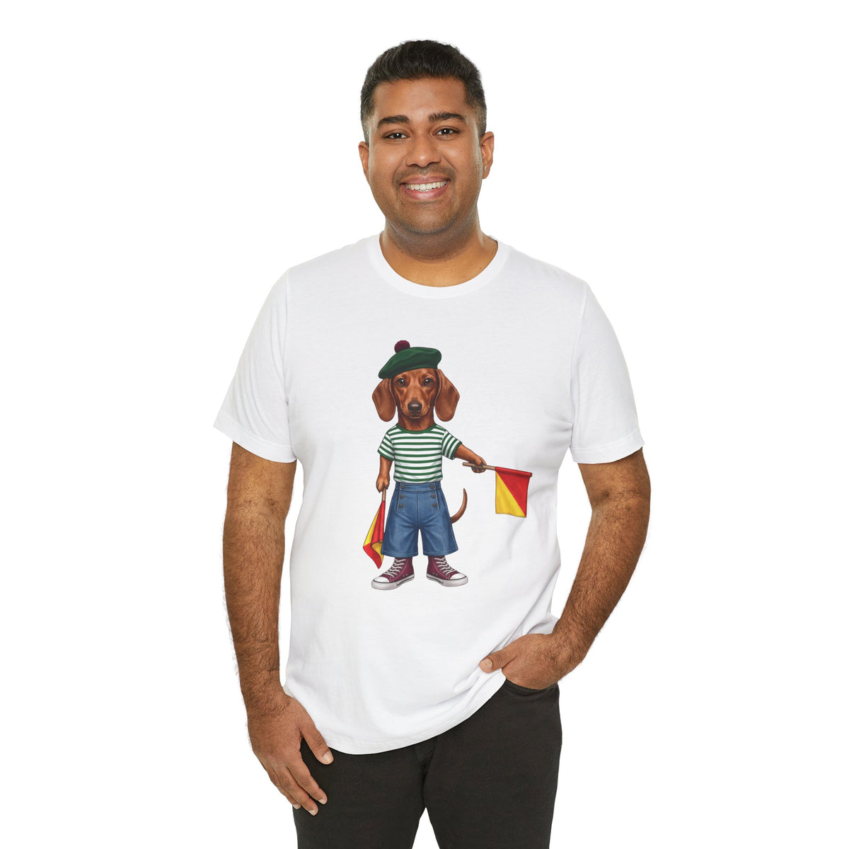 Semaphore Dachshund Graphic Unisex T-Shirt – Letter B | Maritime Signal Dog Tee