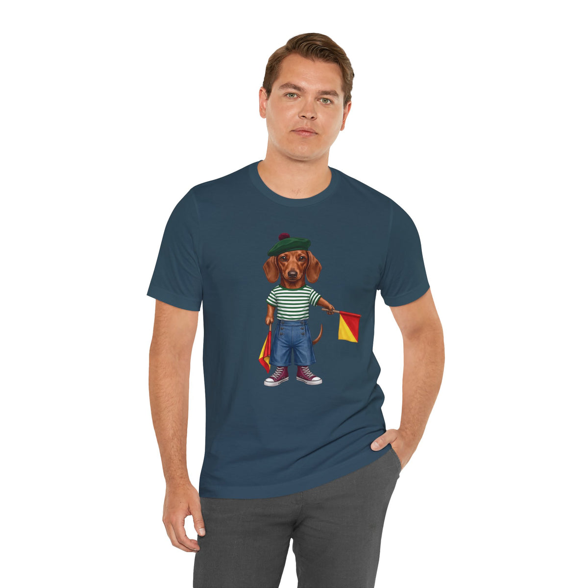 Semaphore Dachshund Graphic Unisex T-Shirt – Letter B | Maritime Signal Dog Tee