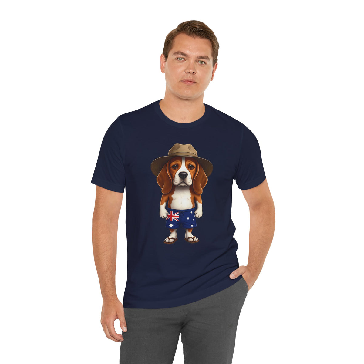 Beagle Aussie Summer Tee - Cute Dog in Akubra Hat & Australian Flag Shorts