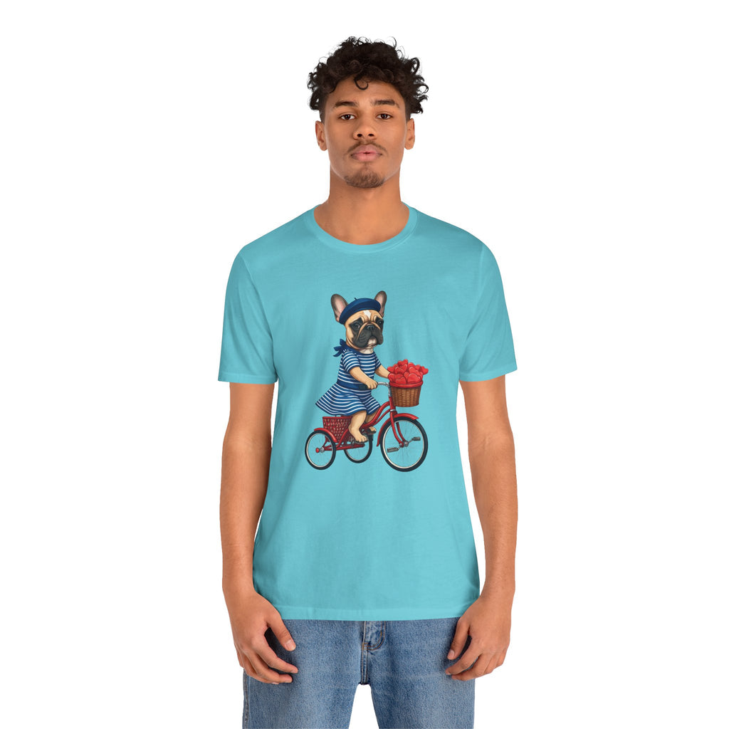 Frenchie à Vélo T-Shirt — French Bulldog on Bicycle with Heart Roses Tee