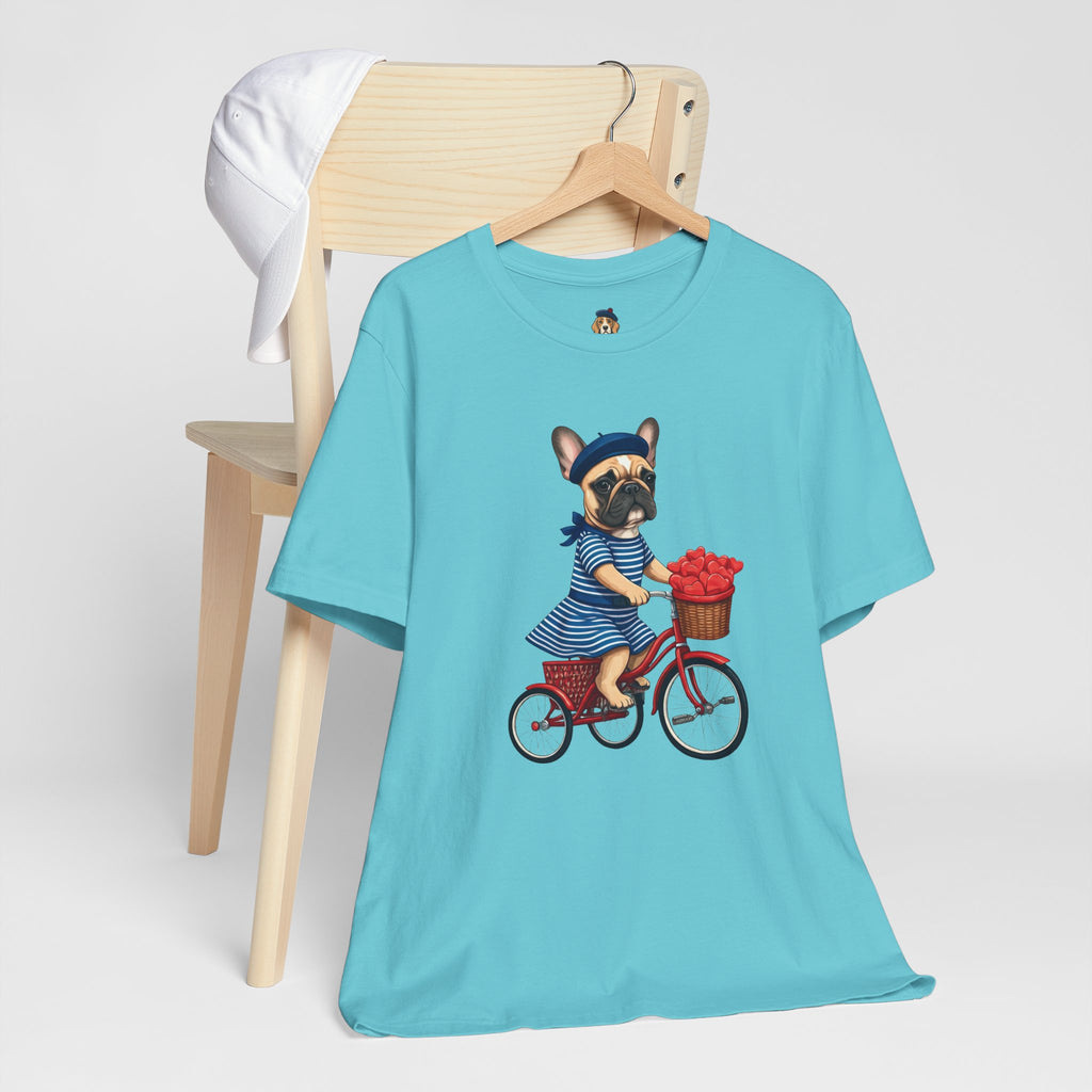 Frenchie à Vélo T-Shirt — French Bulldog on Bicycle with Heart Roses Tee