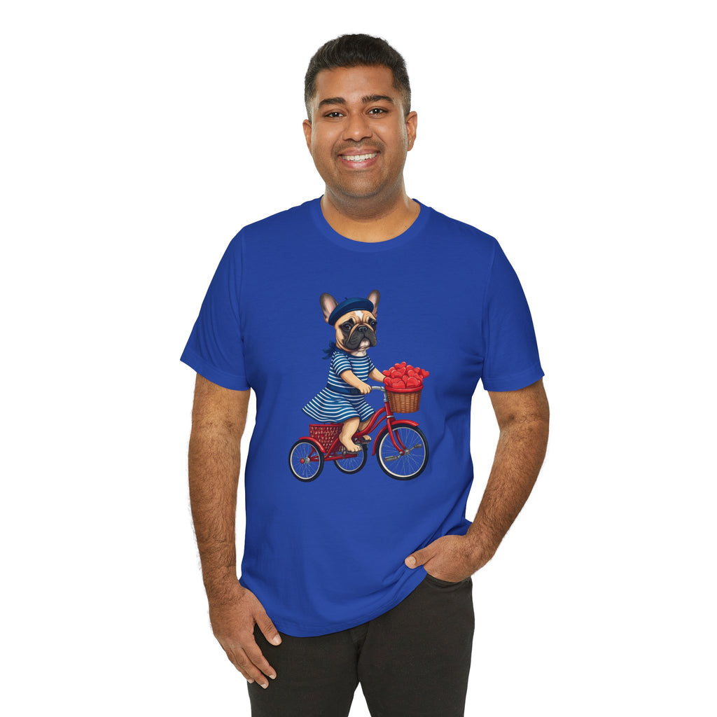 Frenchie à Vélo T-Shirt — French Bulldog on Bicycle with Heart Roses Tee