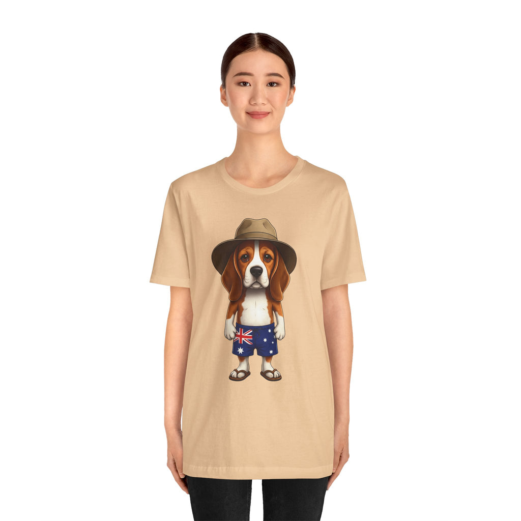 Beagle Aussie Summer Tee - Cute Dog in Akubra Hat & Australian Flag Shorts