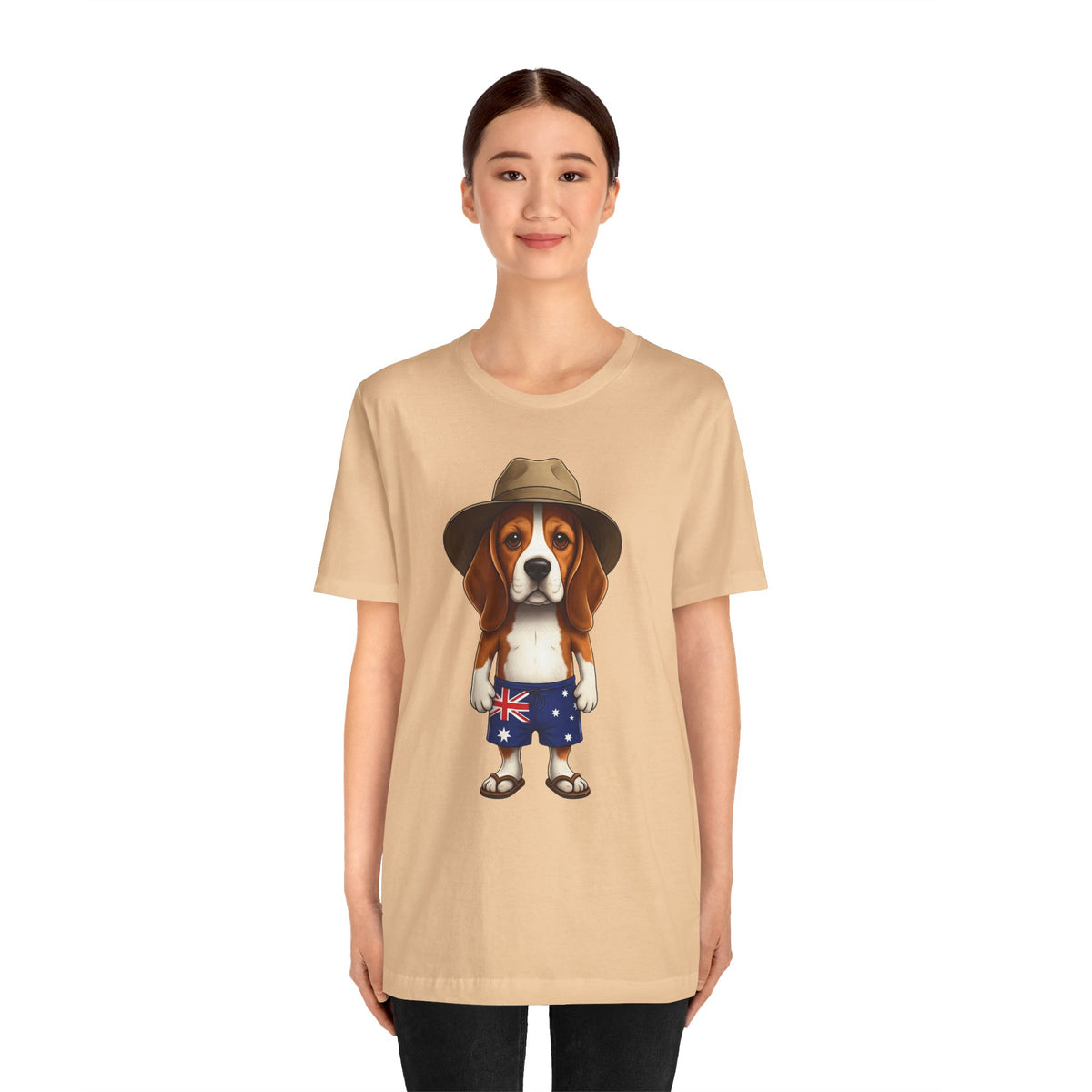 Beagle Aussie Summer Tee - Cute Dog in Akubra Hat & Australian Flag Shorts