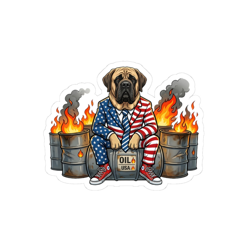 Patriotic Mastiff Sticker — American Flag Suit, Oil Drum Flames Kiss-Cut Decal