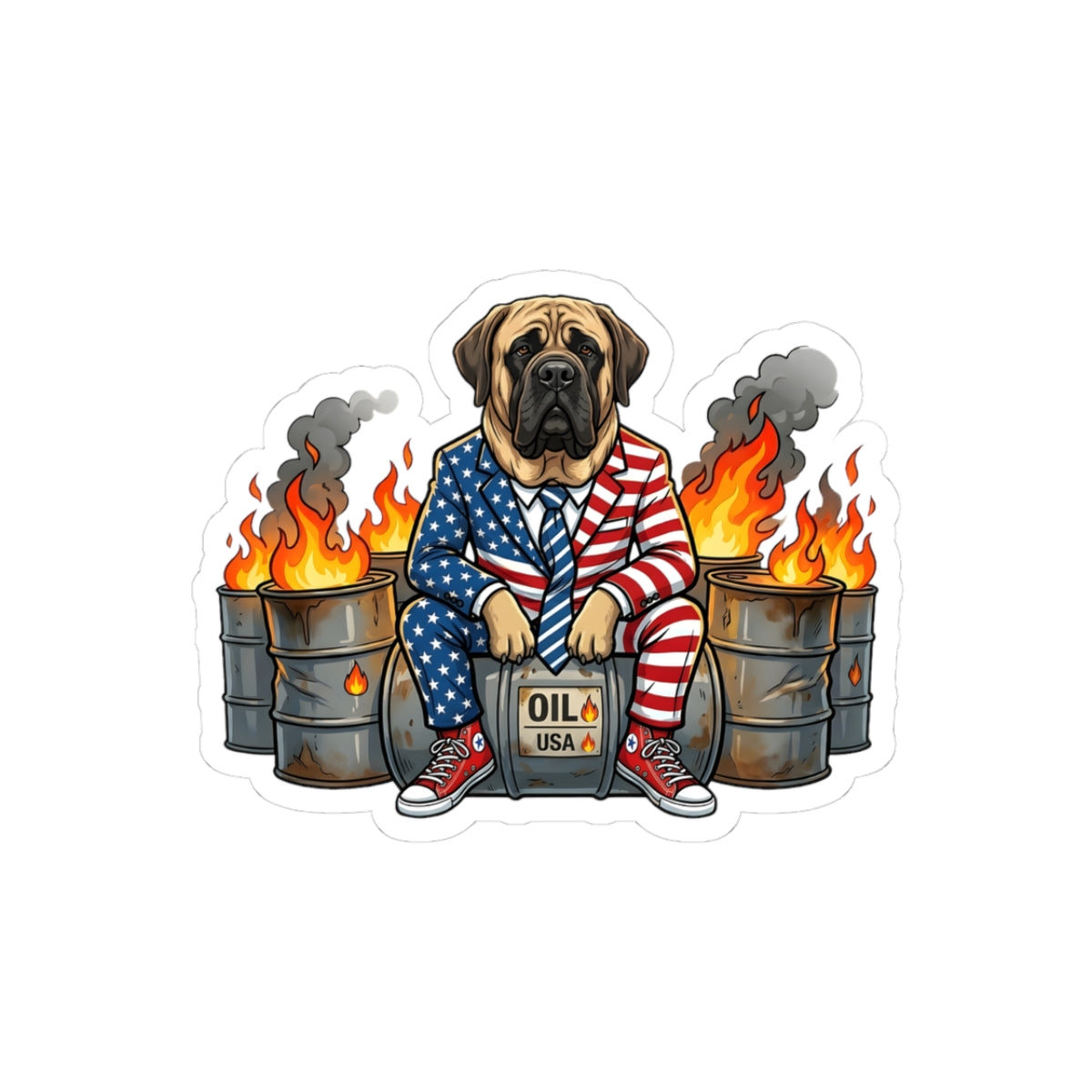 Patriotic Mastiff Sticker — American Flag Suit, Oil Drum Flames Kiss-Cut Decal