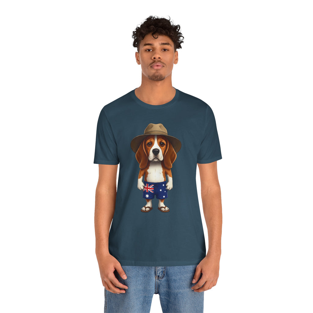 Beagle Aussie Summer Tee - Cute Dog in Akubra Hat & Australian Flag Shorts