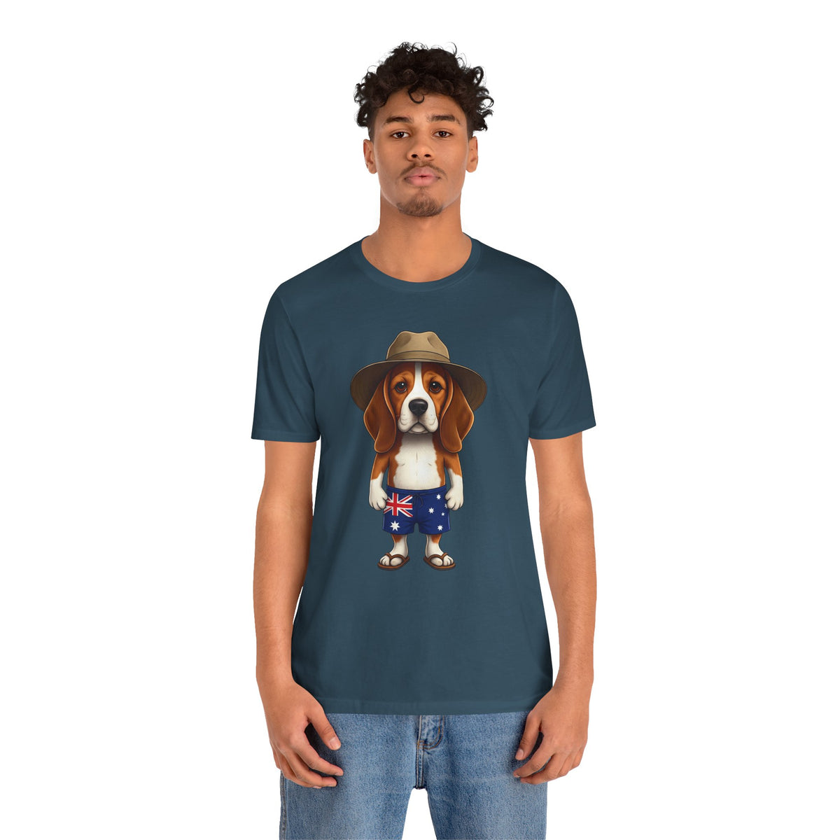 Beagle Aussie Summer Tee - Cute Dog in Akubra Hat & Australian Flag Shorts