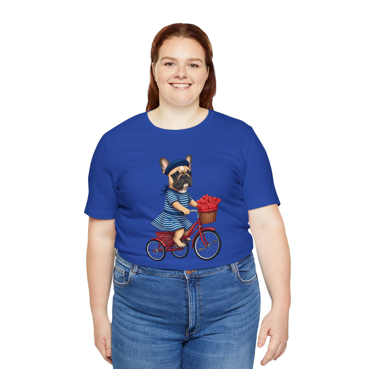 Frenchie à Vélo T-Shirt — French Bulldog on Bicycle with Heart Roses Tee