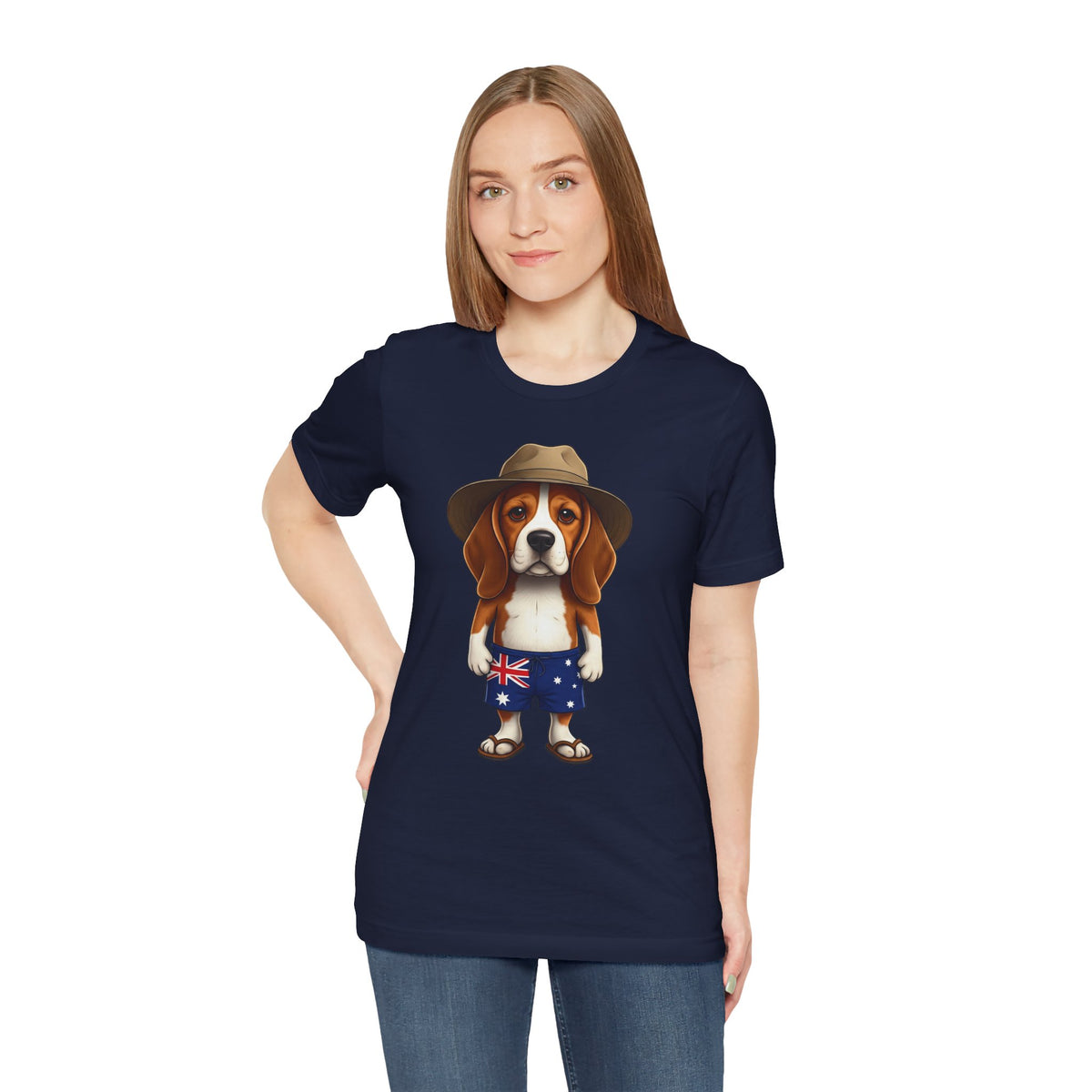 Beagle Aussie Summer Tee - Cute Dog in Akubra Hat & Australian Flag Shorts