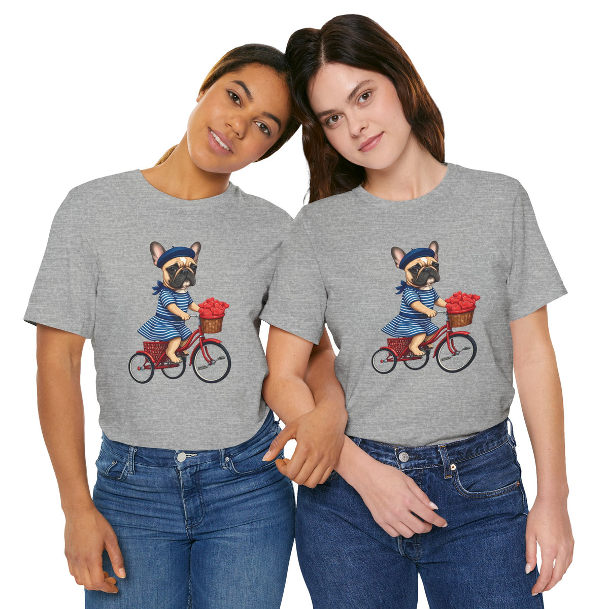 Frenchie à Vélo T-Shirt — French Bulldog on Bicycle with Heart Roses Tee