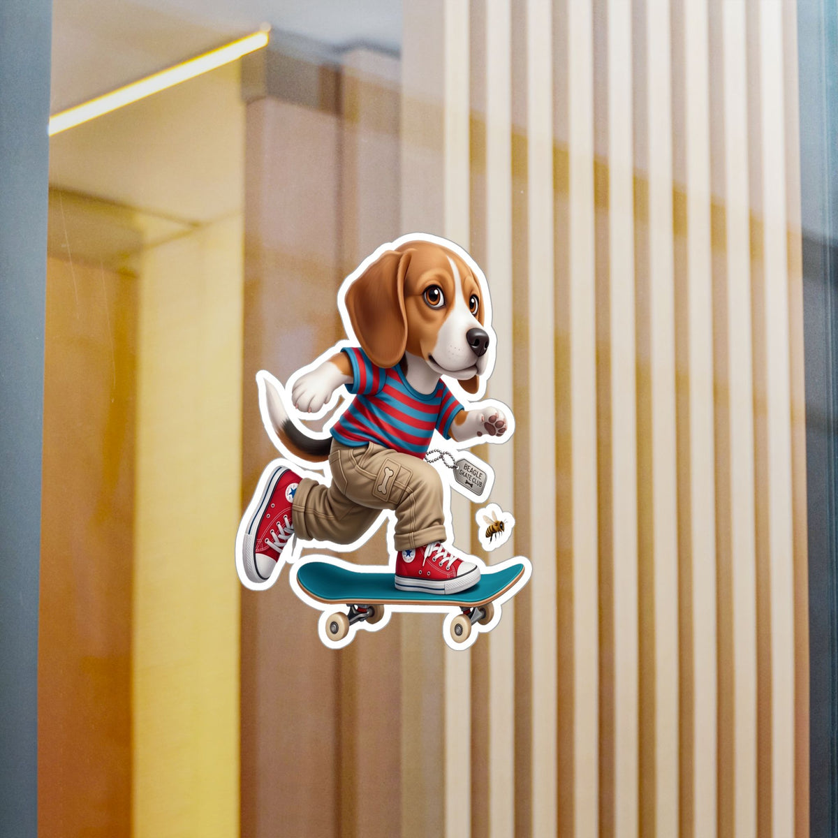 Skateboarding Beagle Sticker — Cute Vinyl Kiss-Cut Decal for Laptops, Water Bottles & Windows