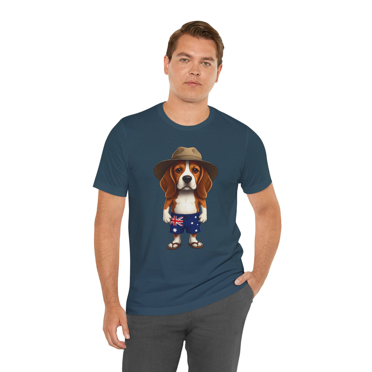 Beagle Aussie Summer Tee - Cute Dog in Akubra Hat & Australian Flag Shorts