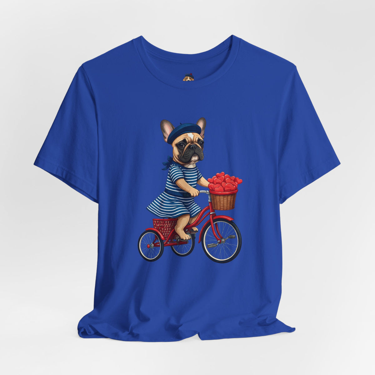 Frenchie à Vélo T-Shirt — French Bulldog on Bicycle with Heart Roses Tee