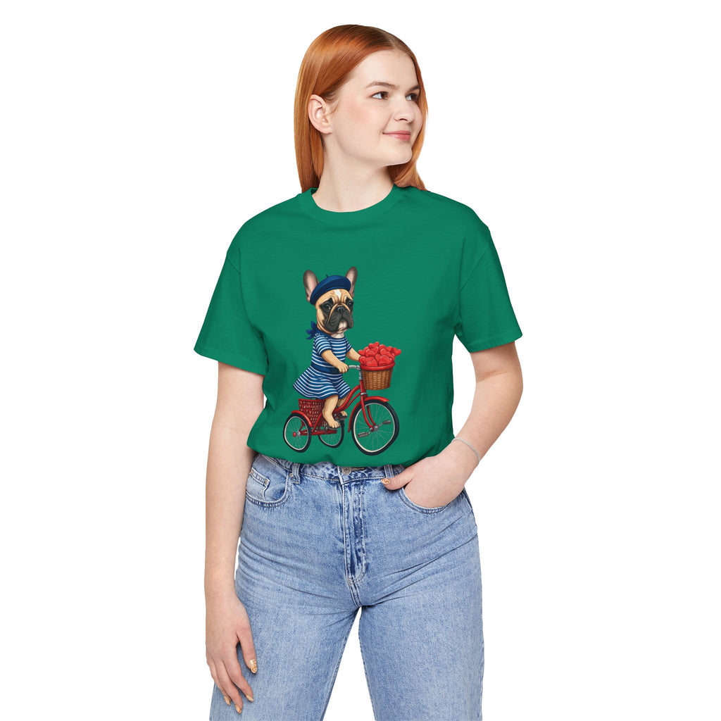 Frenchie à Vélo T-Shirt — French Bulldog on Bicycle with Heart Roses Tee