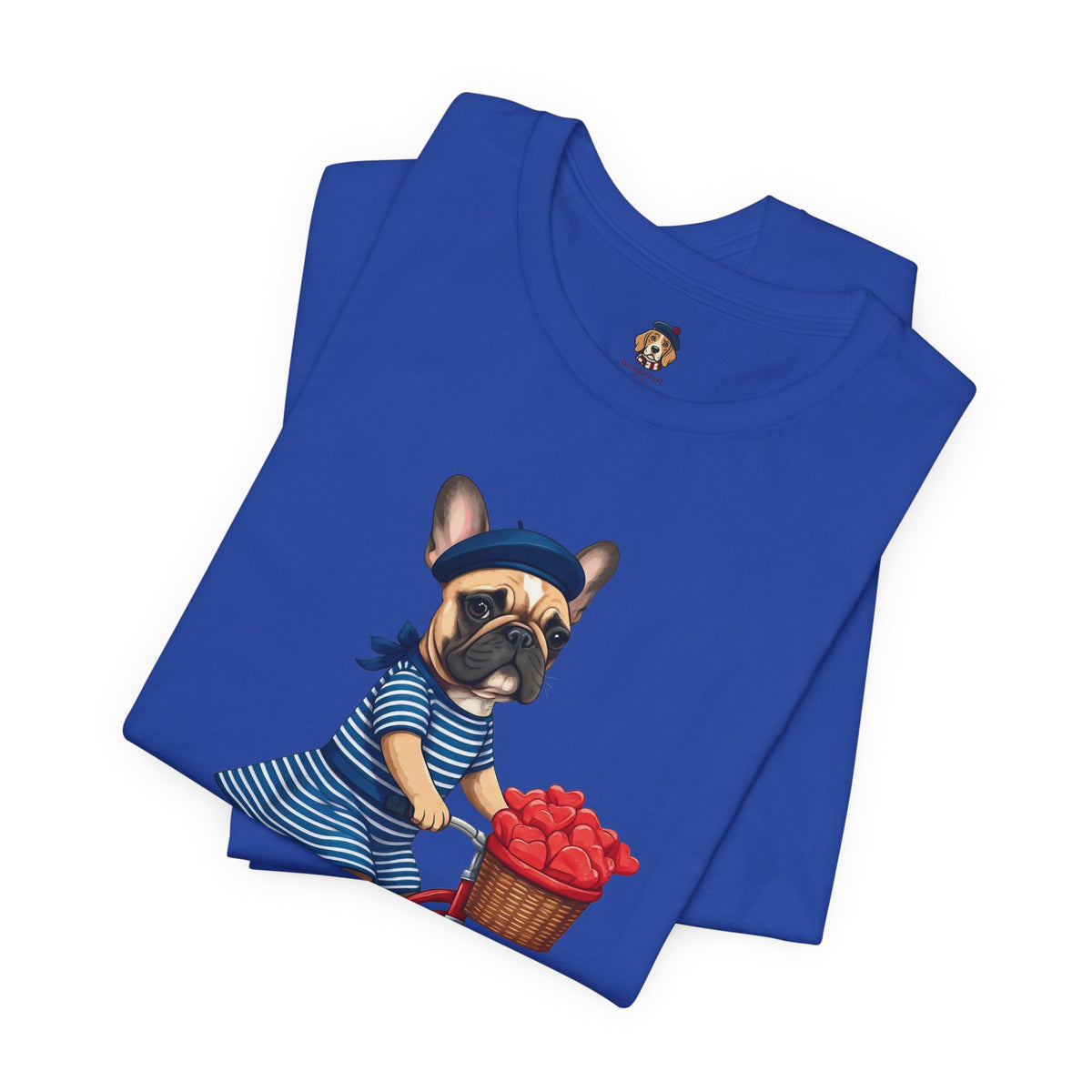 Frenchie à Vélo T-Shirt — French Bulldog on Bicycle with Heart Roses Tee