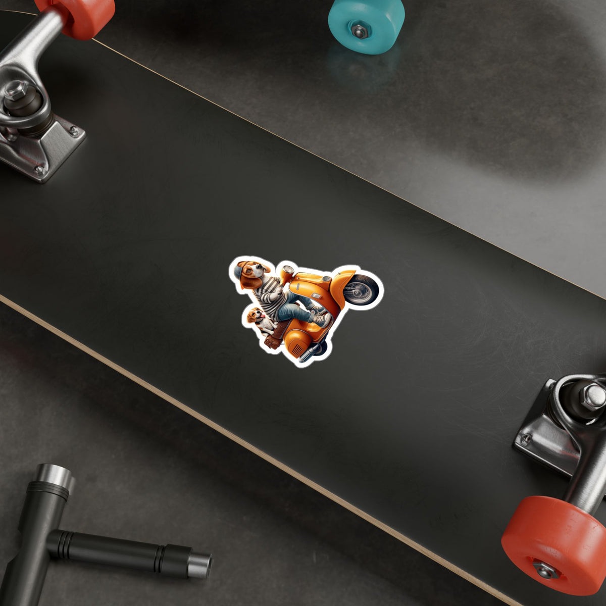 Beagle on Orange Vespa Kiss-Cut Vinyl Decal — Cute ‘La Dolce Vita’ Scooter Sticker
