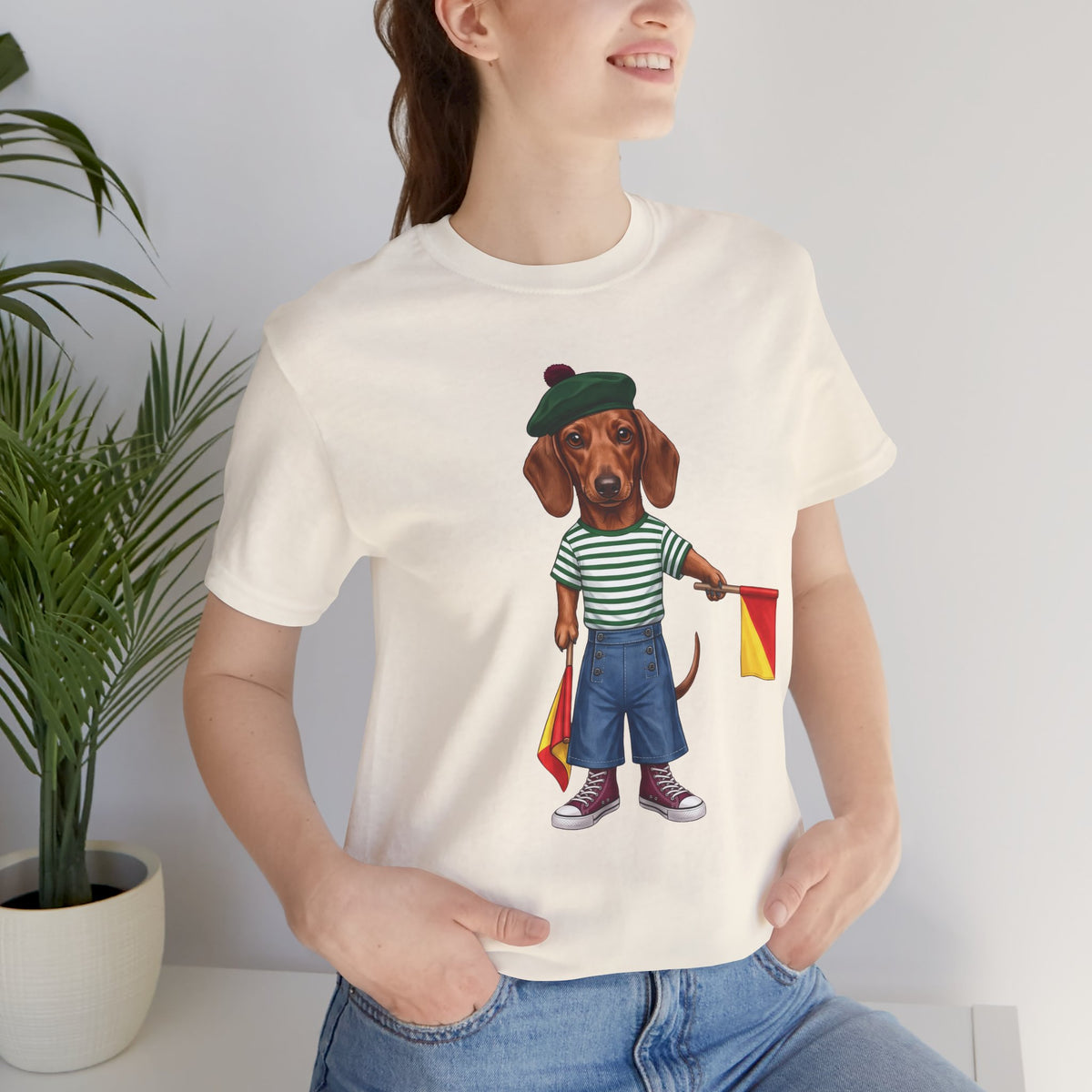 Semaphore Dachshund Graphic Unisex T-Shirt – Letter B | Maritime Signal Dog Tee