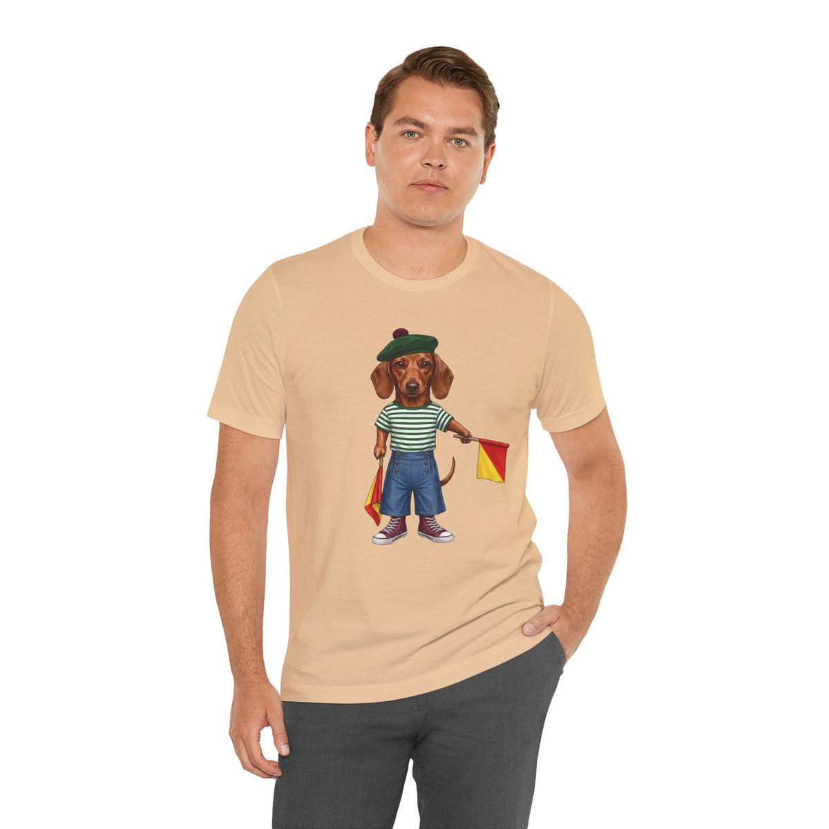 Semaphore Dachshund Graphic Unisex T-Shirt – Letter B | Maritime Signal Dog Tee