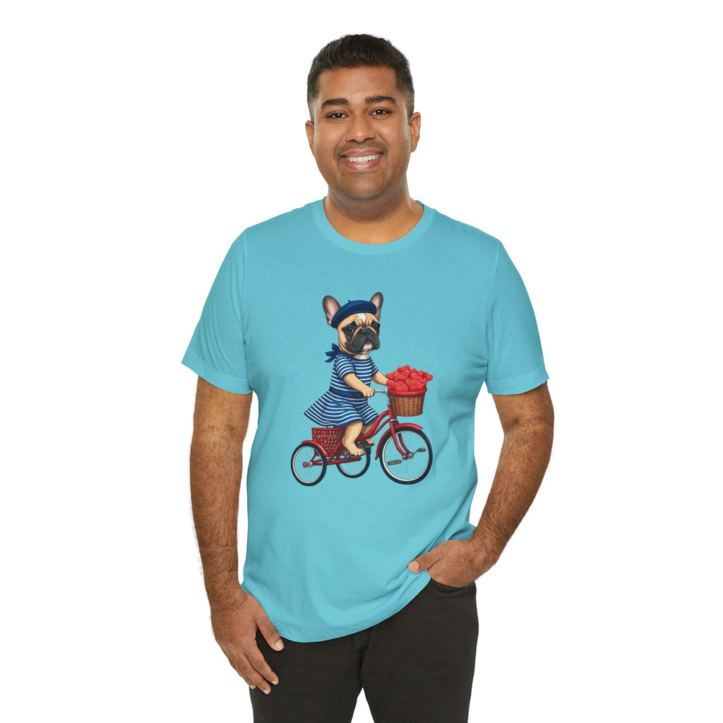 Frenchie à Vélo T-Shirt — French Bulldog on Bicycle with Heart Roses Tee