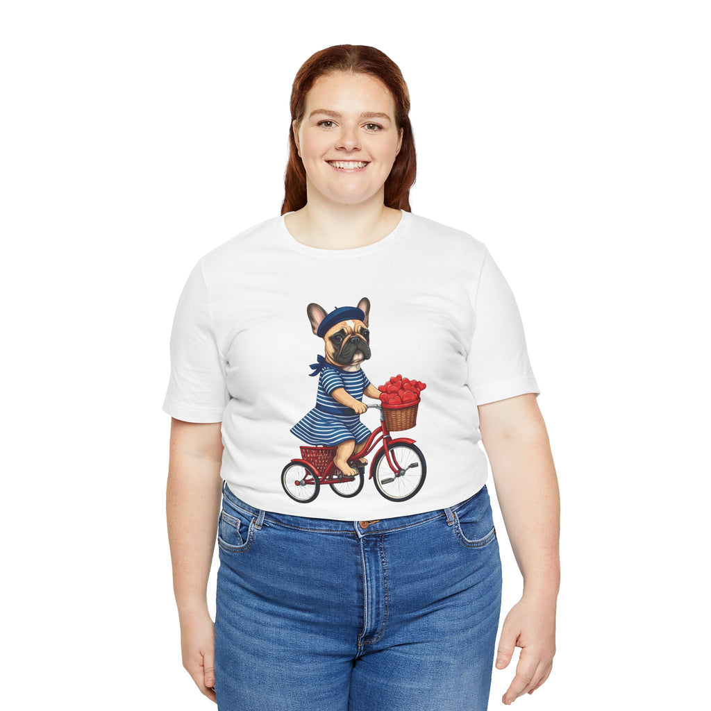 Frenchie à Vélo T-Shirt — French Bulldog on Bicycle with Heart Roses Tee