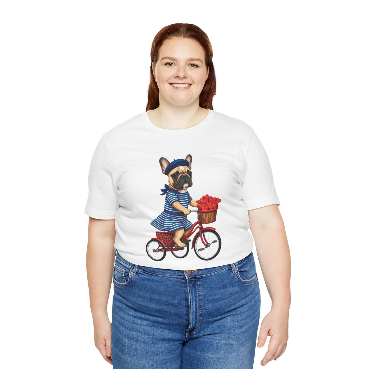 Frenchie à Vélo T-Shirt — French Bulldog on Bicycle with Heart Roses Tee
