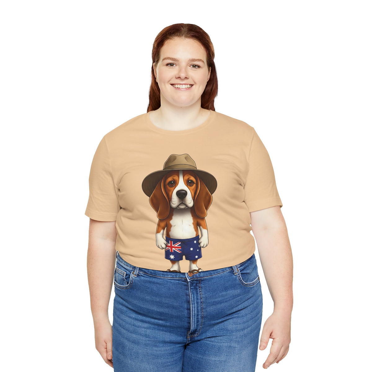 Beagle Aussie Summer Tee - Cute Dog in Akubra Hat & Australian Flag Shorts