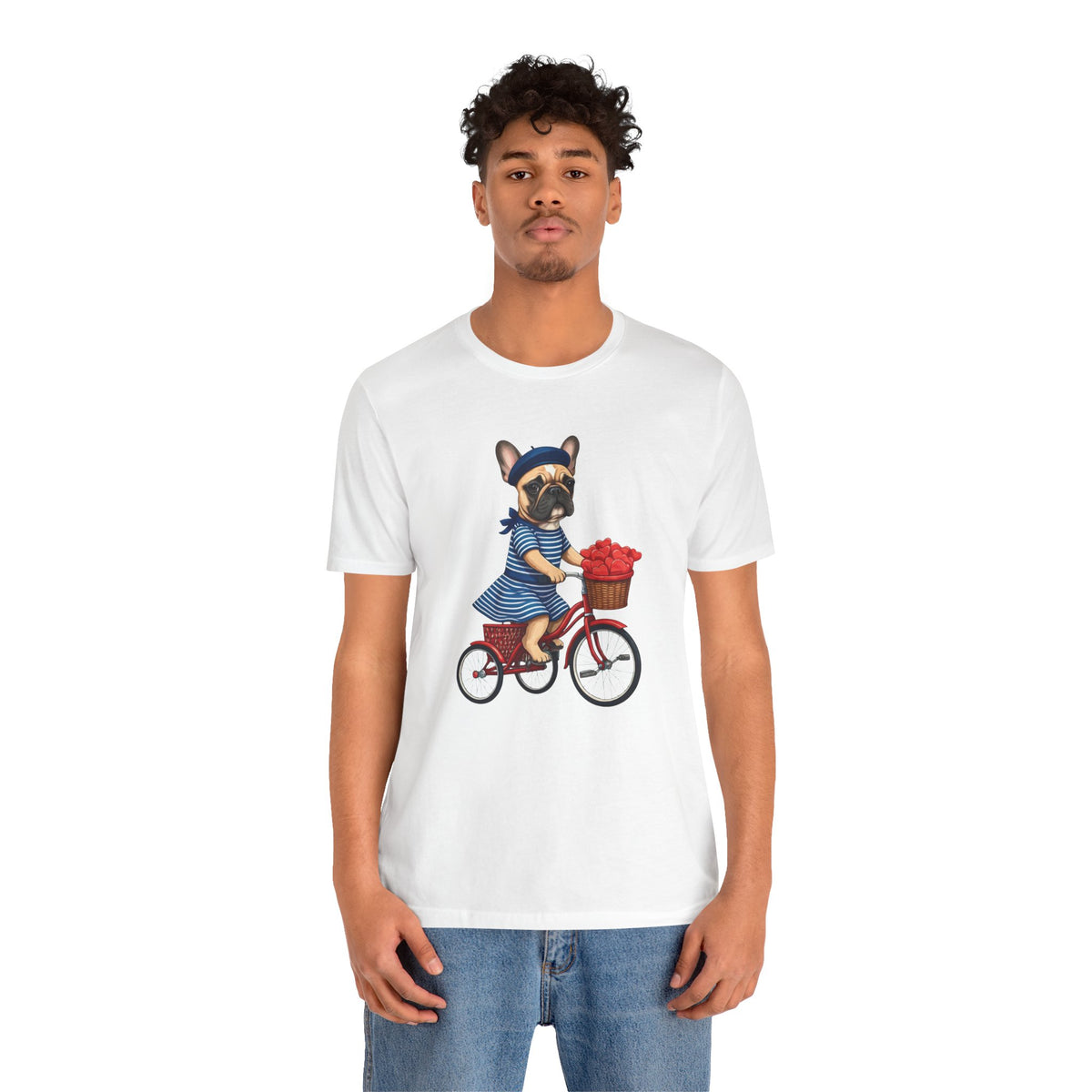 Frenchie à Vélo T-Shirt — French Bulldog on Bicycle with Heart Roses Tee