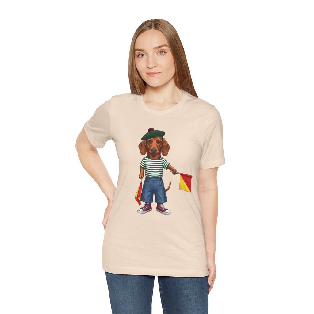 Semaphore Dachshund Graphic Unisex T-Shirt – Letter B | Maritime Signal Dog Tee