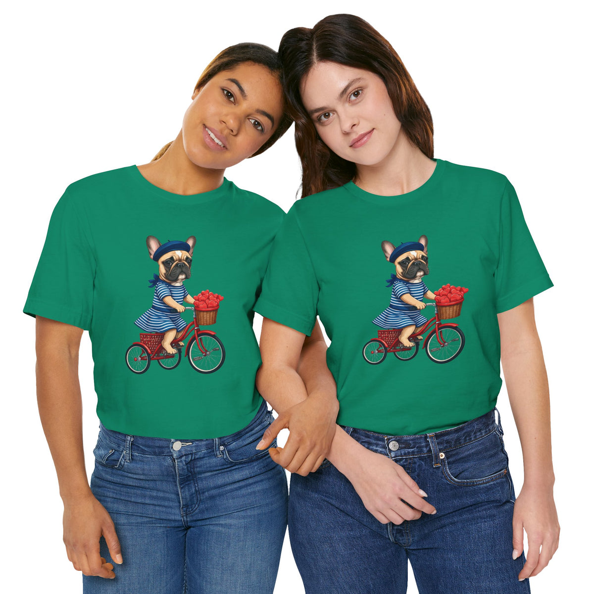 Frenchie à Vélo T-Shirt — French Bulldog on Bicycle with Heart Roses Tee