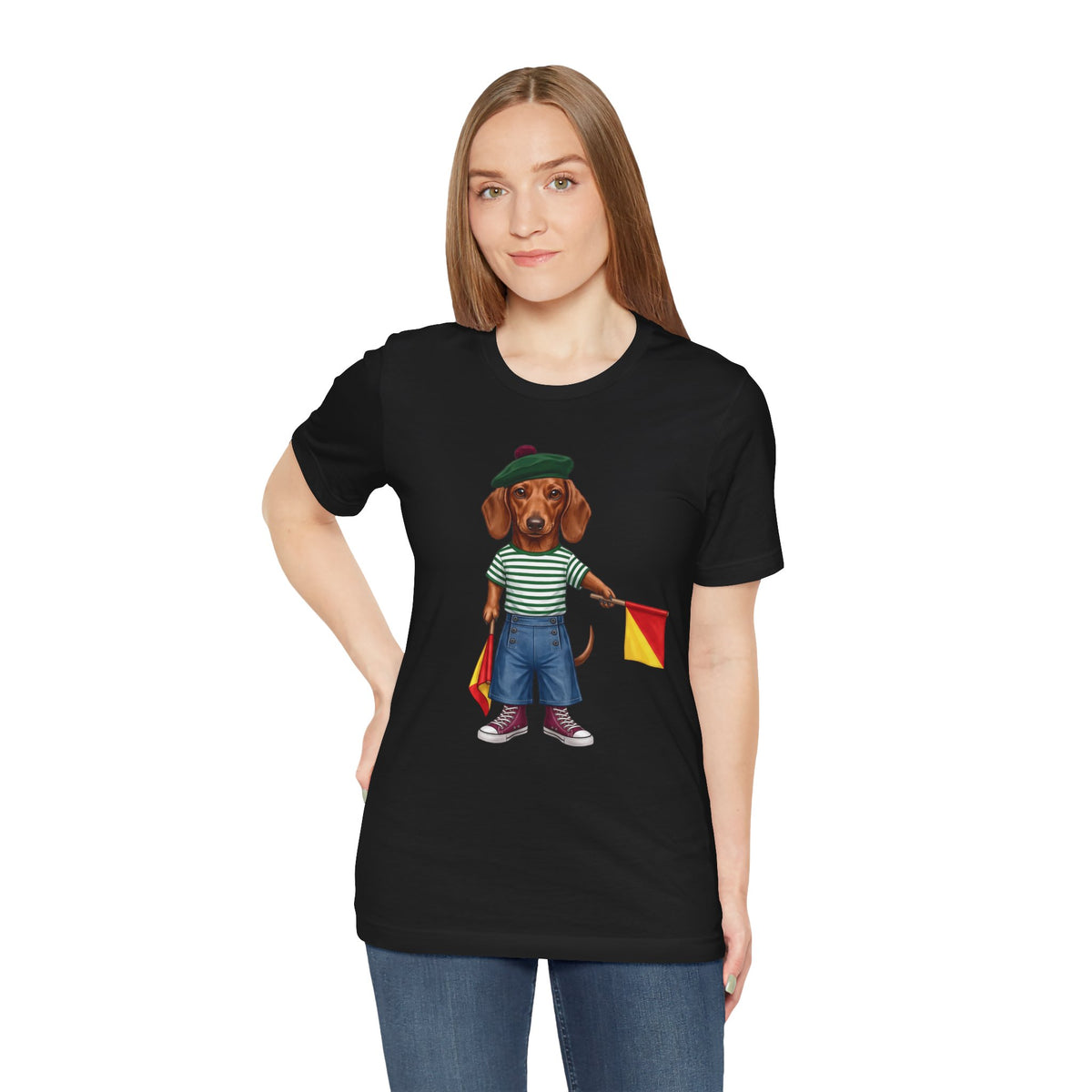 Semaphore Dachshund Graphic Unisex T-Shirt – Letter B | Maritime Signal Dog Tee