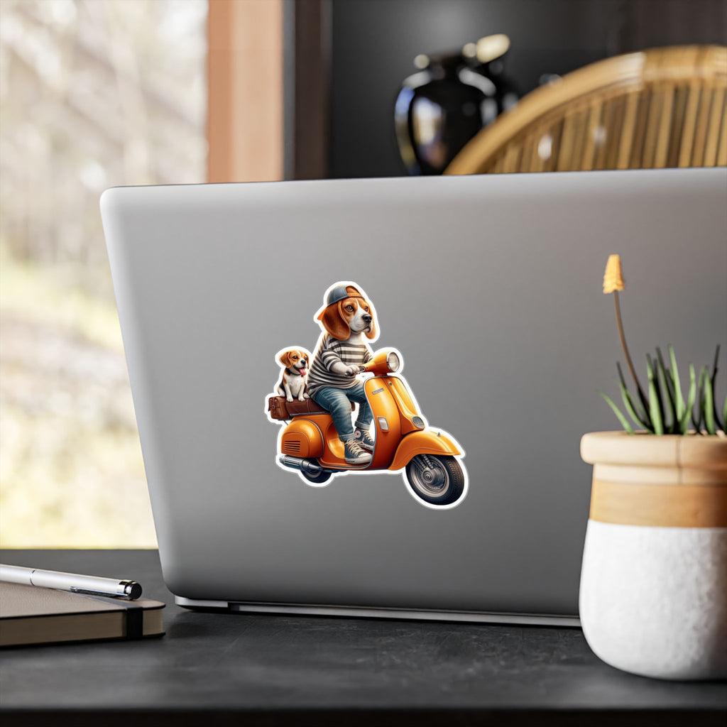 Beagle on Orange Vespa Kiss-Cut Vinyl Decal — Cute ‘La Dolce Vita’ Scooter Sticker