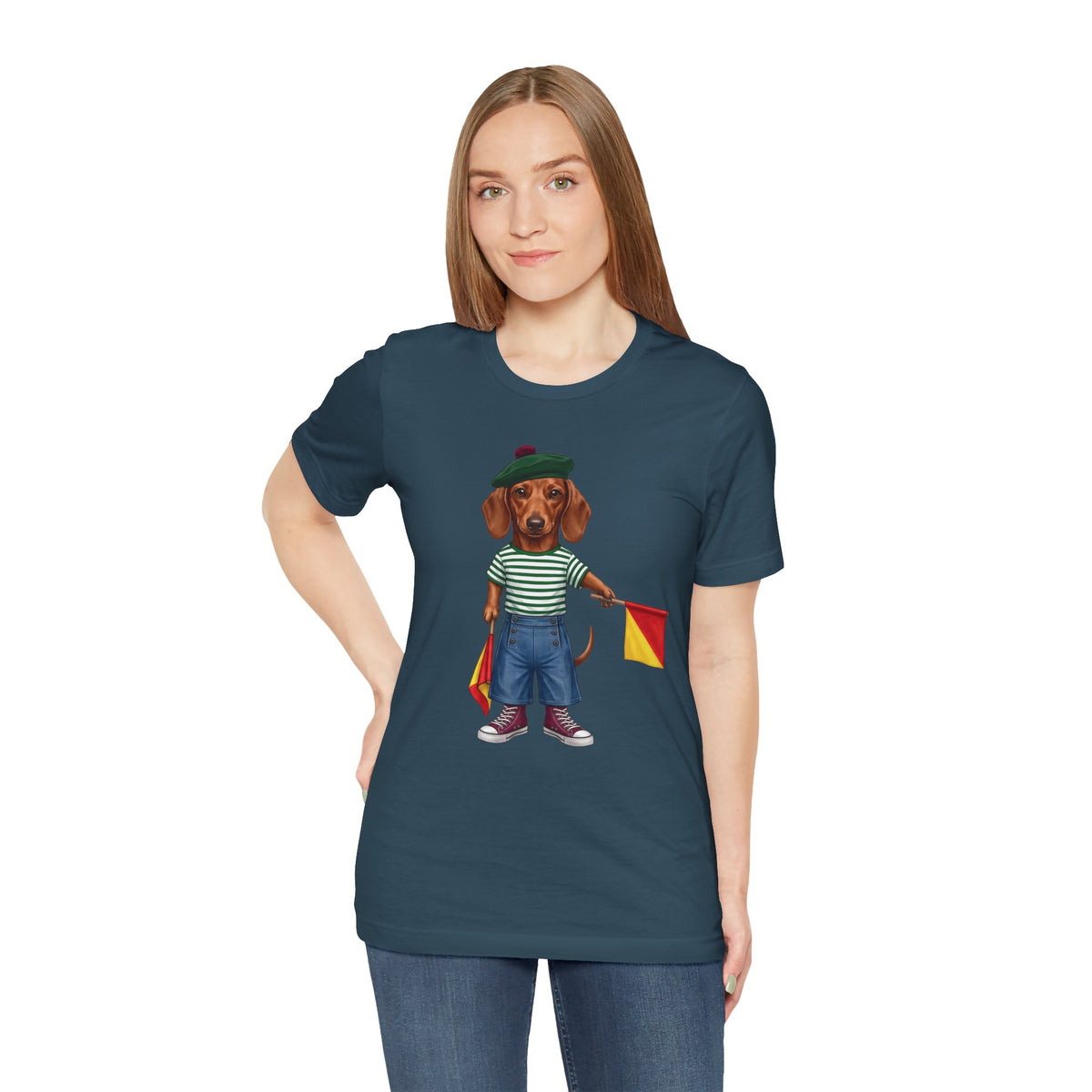 Semaphore Dachshund Graphic Unisex T-Shirt – Letter B | Maritime Signal Dog Tee