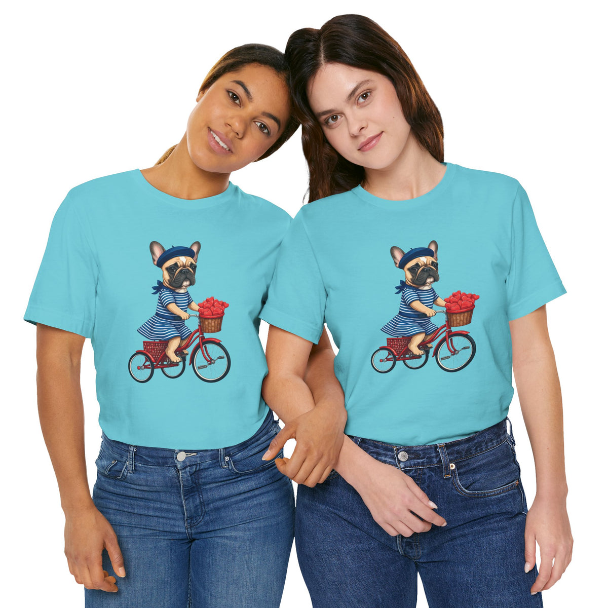 Frenchie à Vélo T-Shirt — French Bulldog on Bicycle with Heart Roses Tee