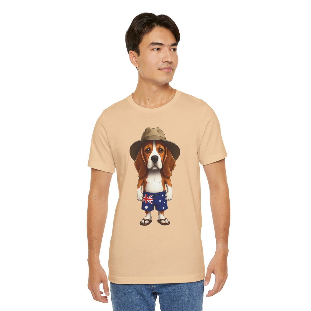 Beagle Aussie Summer Tee - Cute Dog in Akubra Hat & Australian Flag Shorts