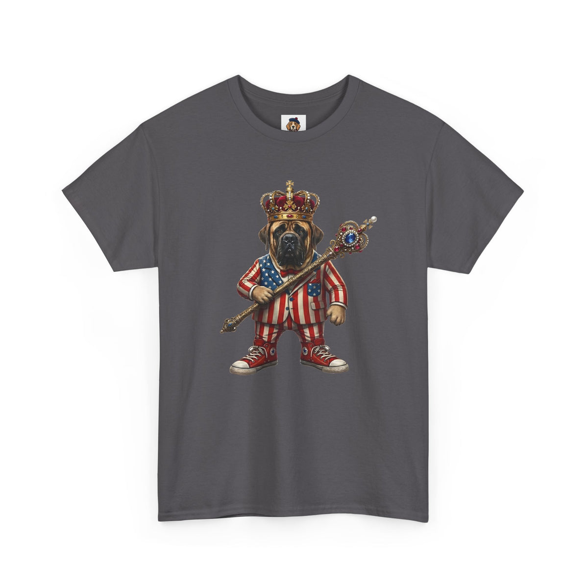 No Kings tee — Stars & Stripes American Mastiff in Crown (Democracy Reminder)