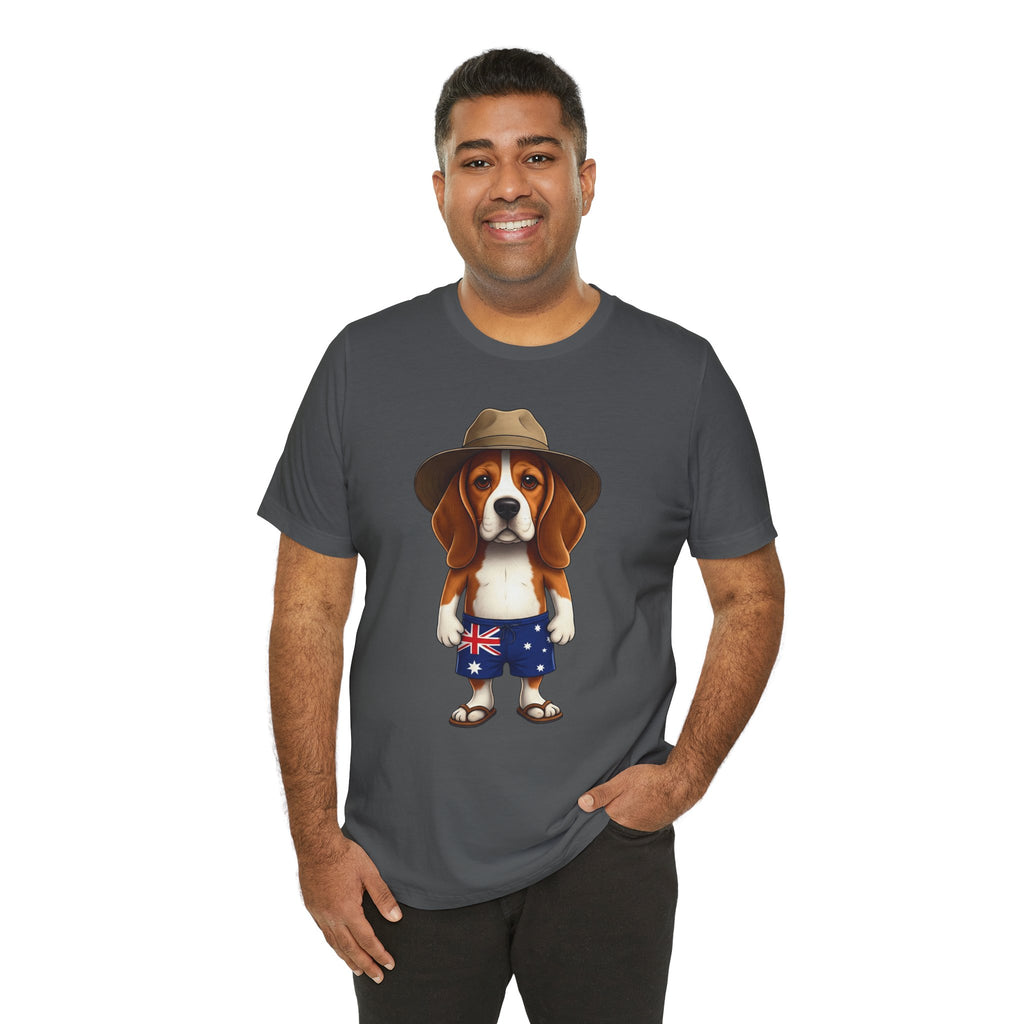 Beagle Aussie Summer Tee - Cute Dog in Akubra Hat & Australian Flag Shorts