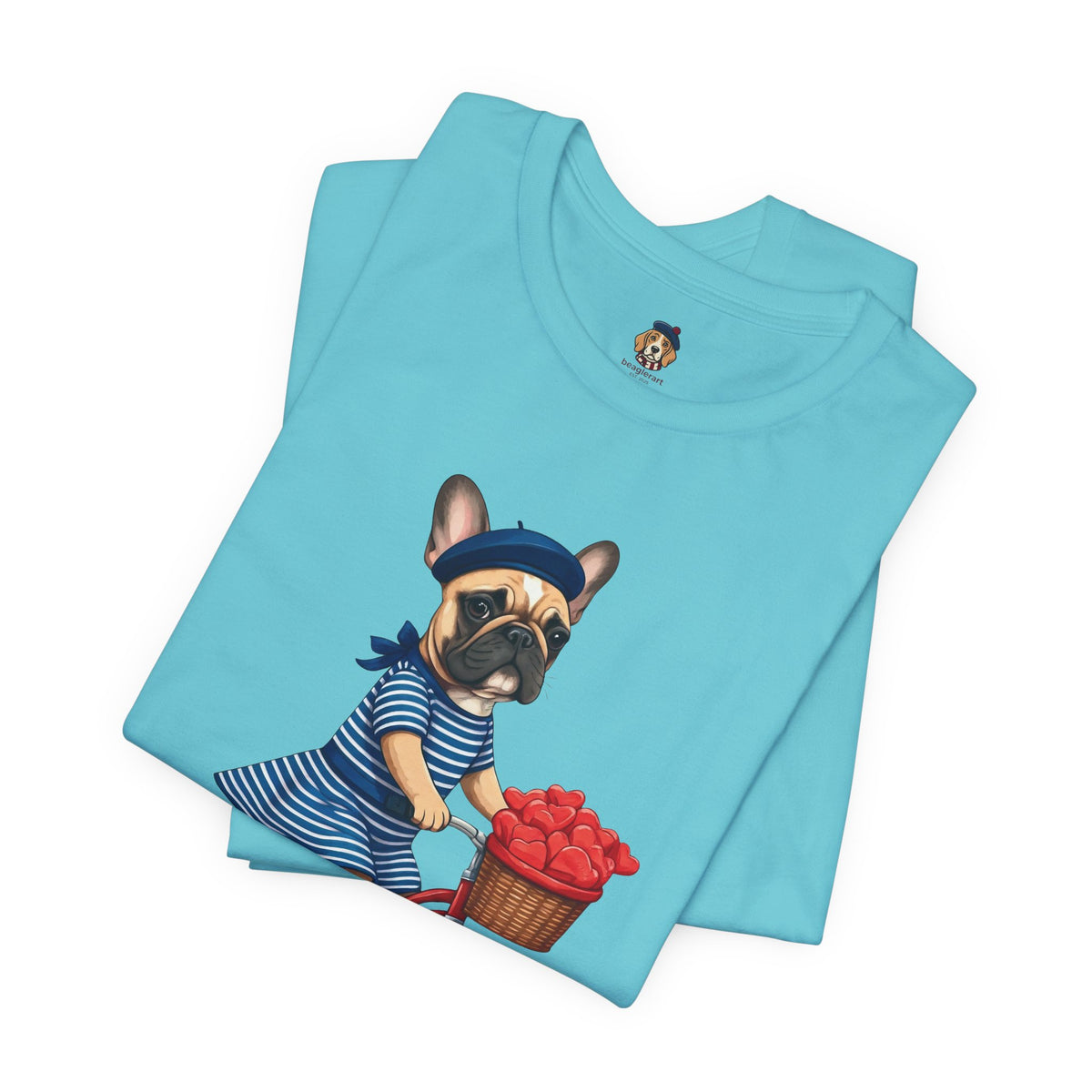 Frenchie à Vélo T-Shirt — French Bulldog on Bicycle with Heart Roses Tee