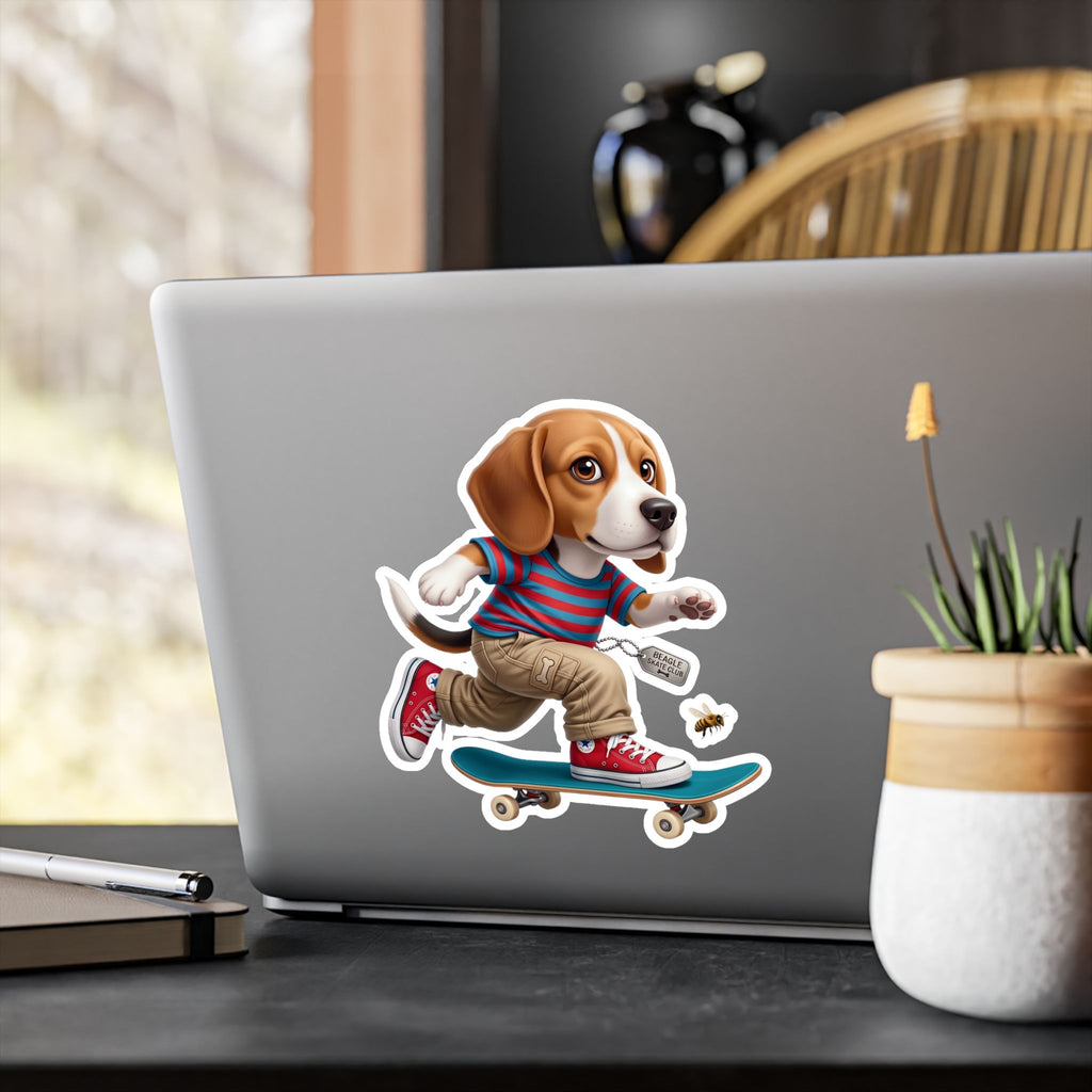 Skateboarding Beagle Sticker — Cute Vinyl Kiss-Cut Decal for Laptops, Water Bottles & Windows