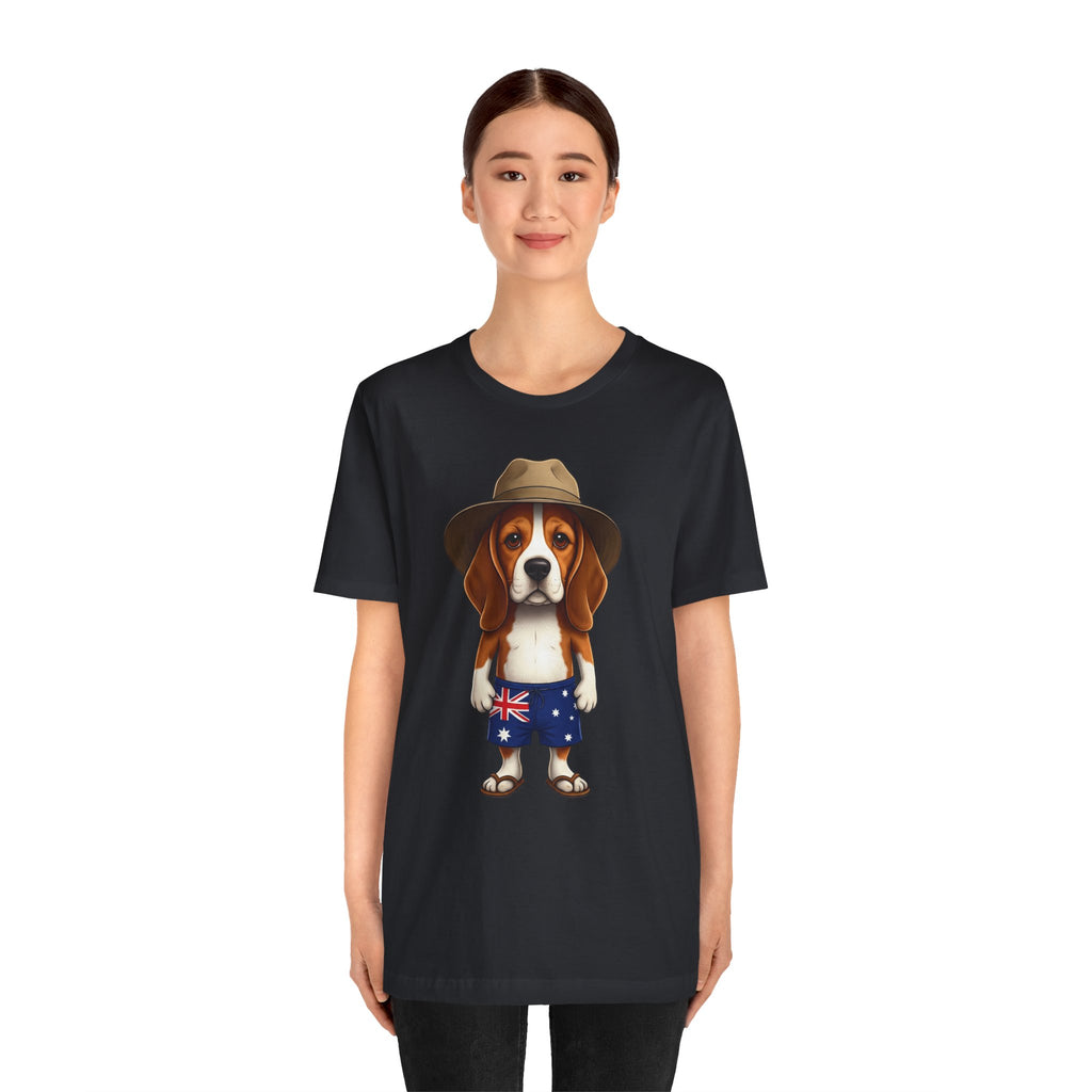 Beagle Aussie Summer Tee - Cute Dog in Akubra Hat & Australian Flag Shorts