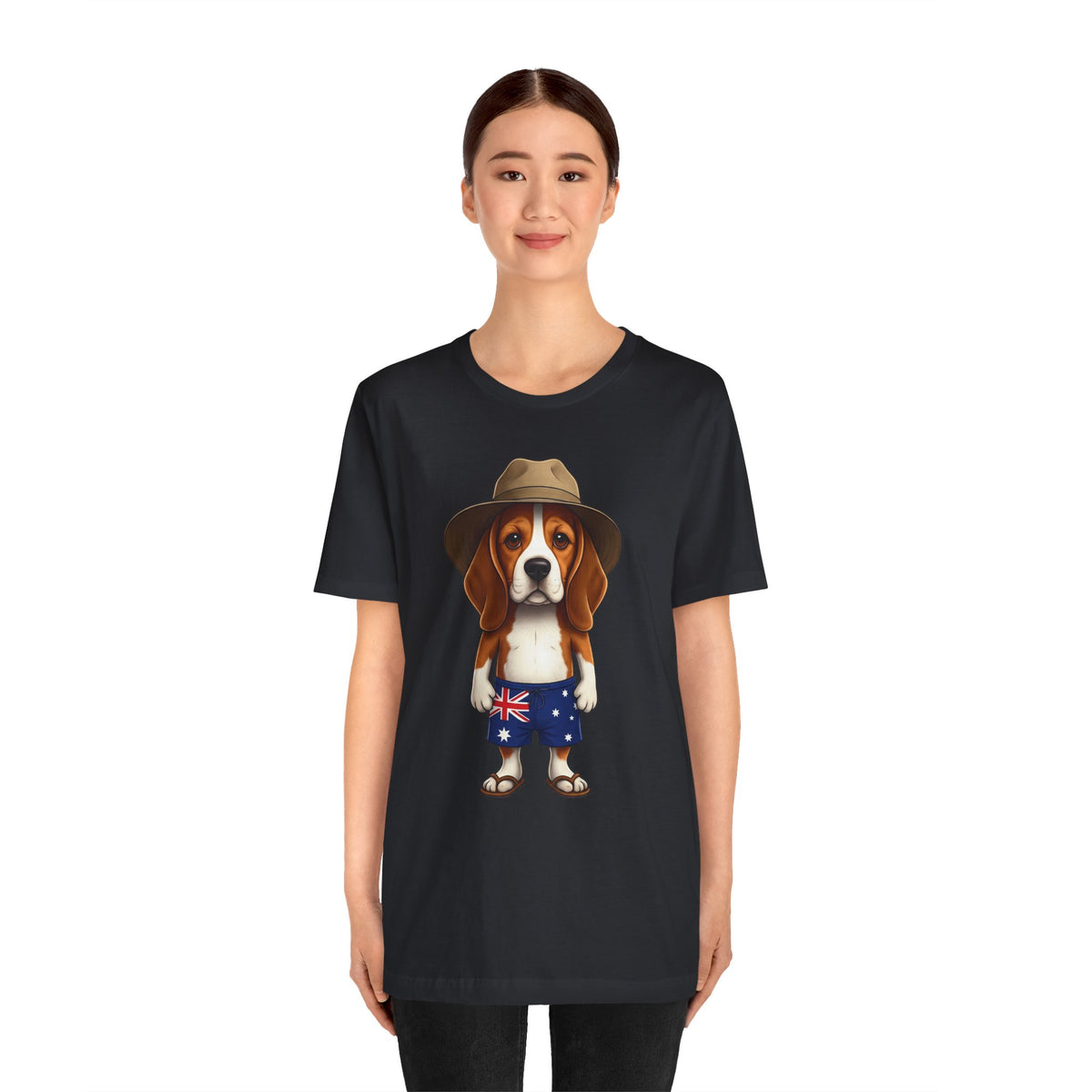 Beagle Aussie Summer Tee - Cute Dog in Akubra Hat & Australian Flag Shorts