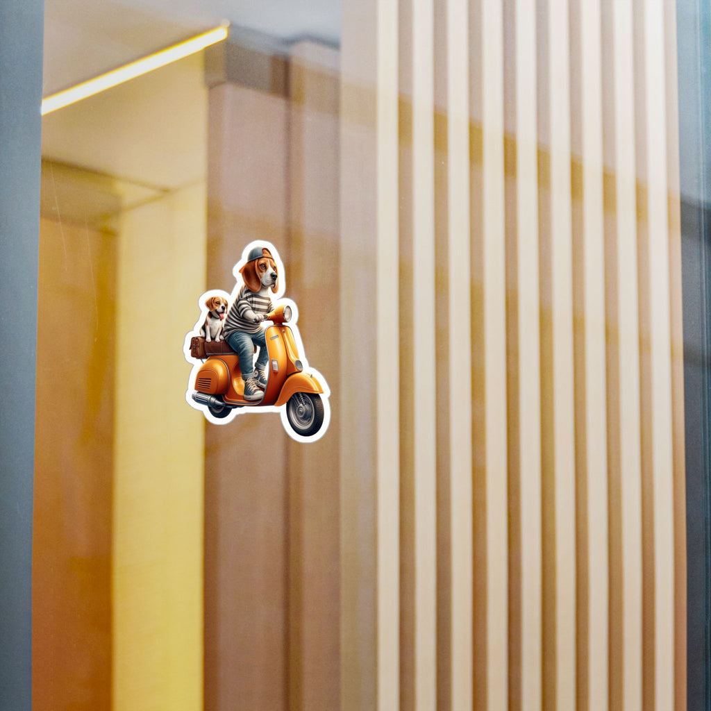 Beagle on Orange Vespa Kiss-Cut Vinyl Decal — Cute ‘La Dolce Vita’ Scooter Sticker