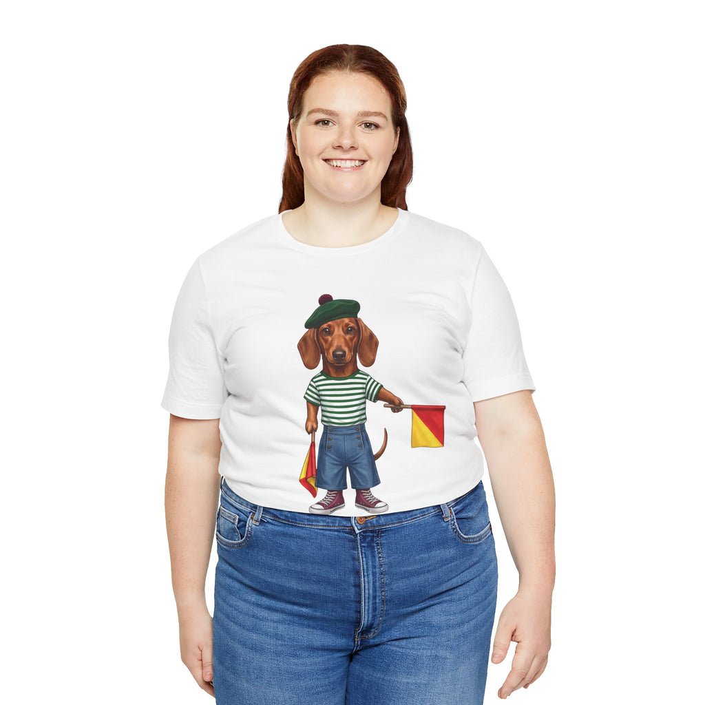 Semaphore Dachshund Graphic Unisex T-Shirt – Letter B | Maritime Signal Dog Tee