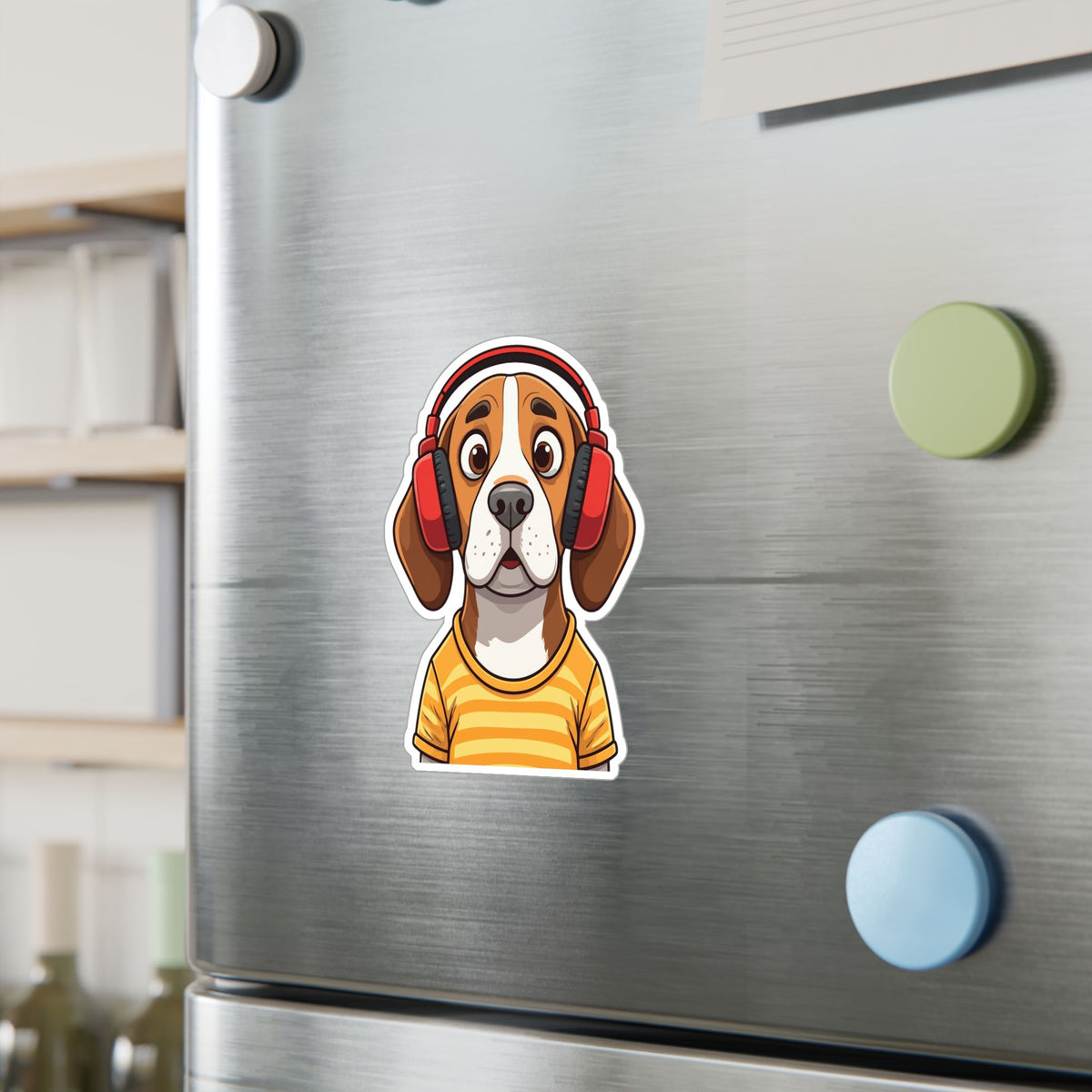 Beagle with Headphones Vinyl Sticker — Cute Startled Dog Decal for Laptops & Water Bottles