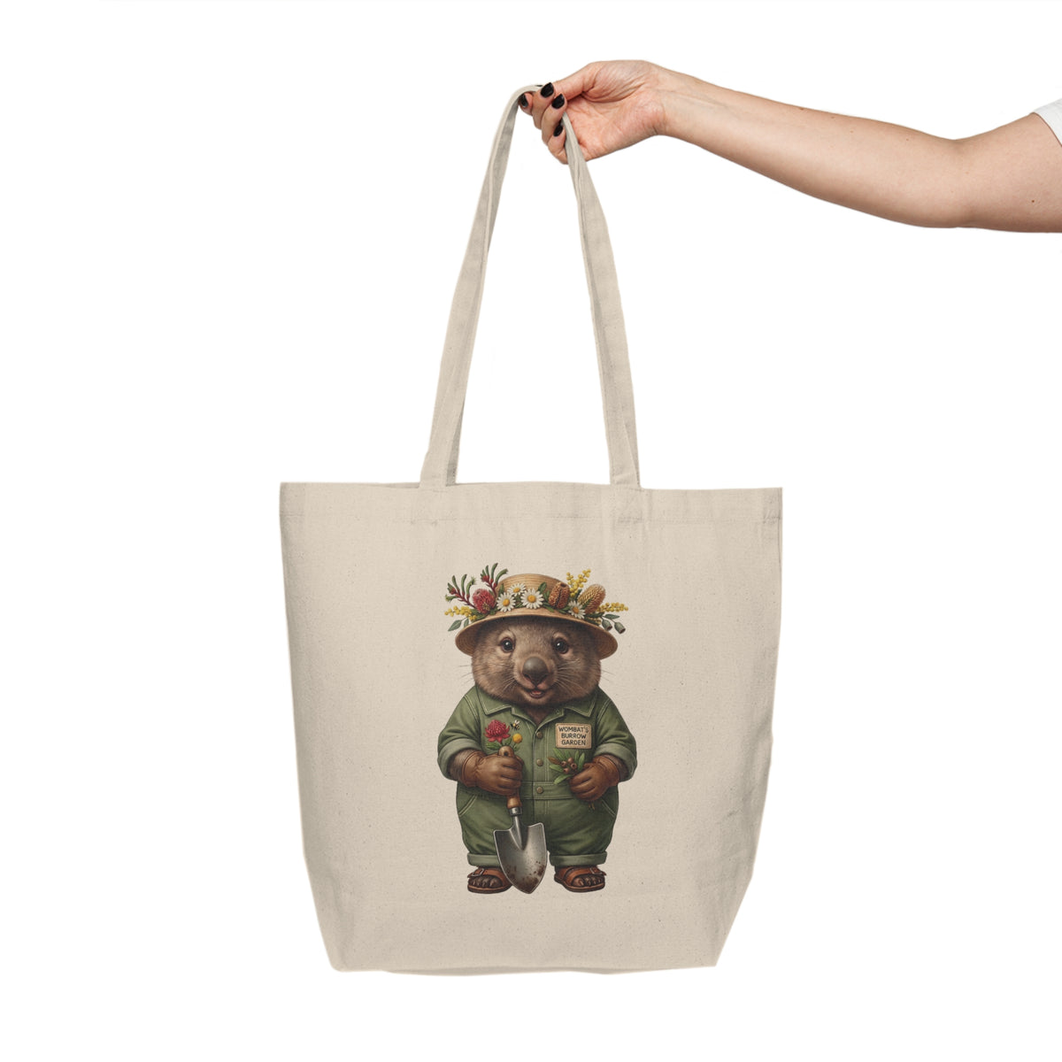 Wombat Gardener Canvas Tote Bag - Australian Flora & Fauna Botanical Market Tote