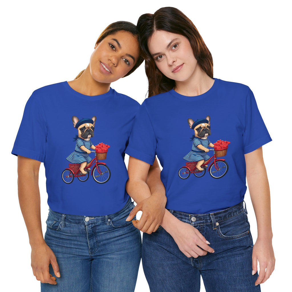 Frenchie à Vélo T-Shirt — French Bulldog on Bicycle with Heart Roses Tee